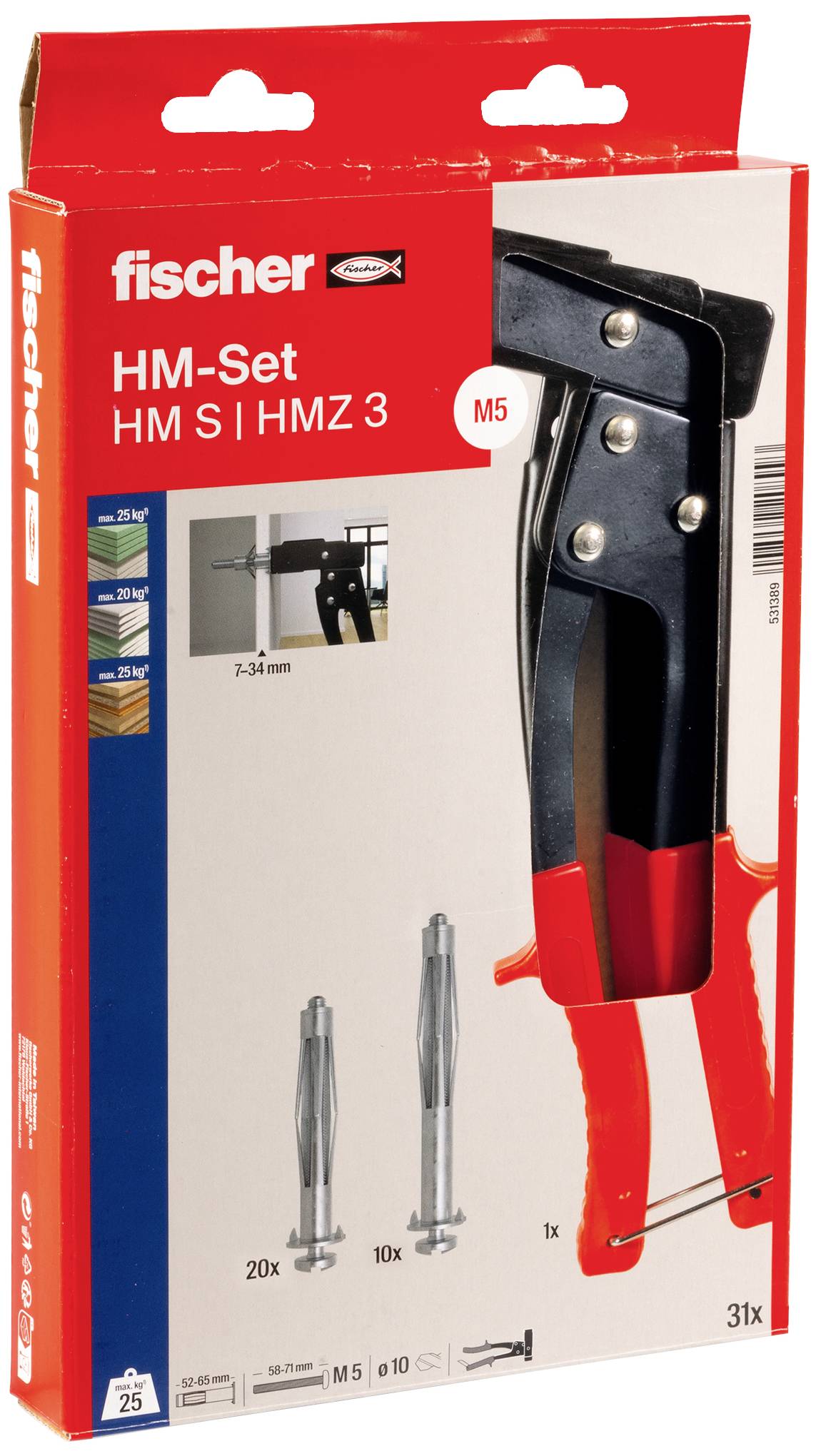 'Packaging of a fischer HM set, contains bolt anchors and installation tool. For wall thickness 3-34 mm, bolt M5. Includes 20 anchors, 1 tool.'