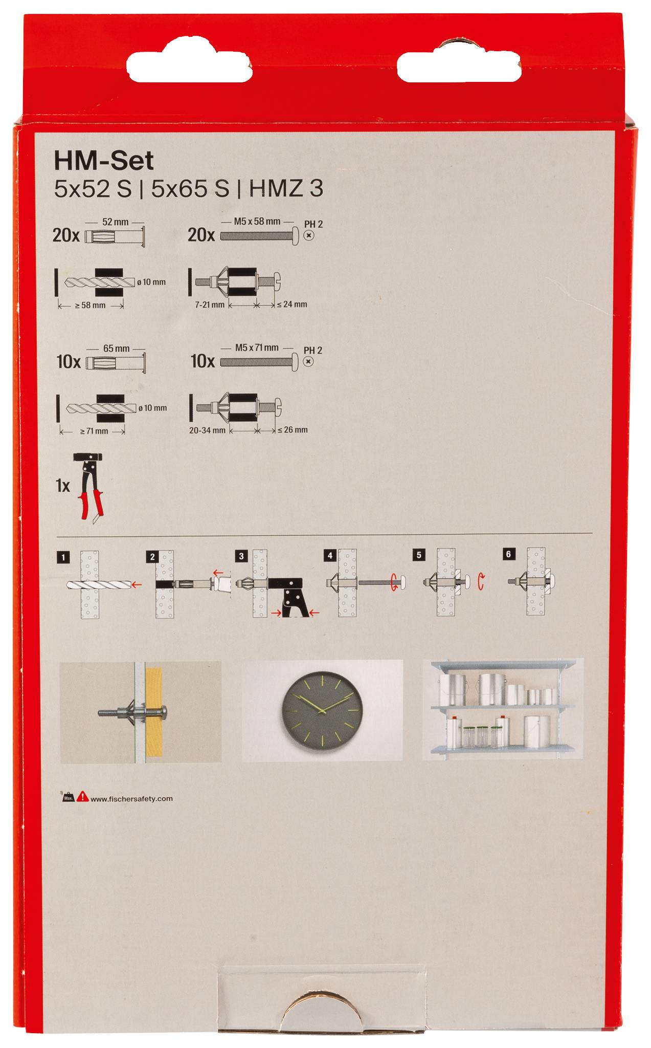 HM-Set: 5x52 S, 5x65 S, HMZ 3.' Boven: Inhoud met pictogrammen en aantallen. Onder: Stapsgewijze montagehandleiding met illustraties.