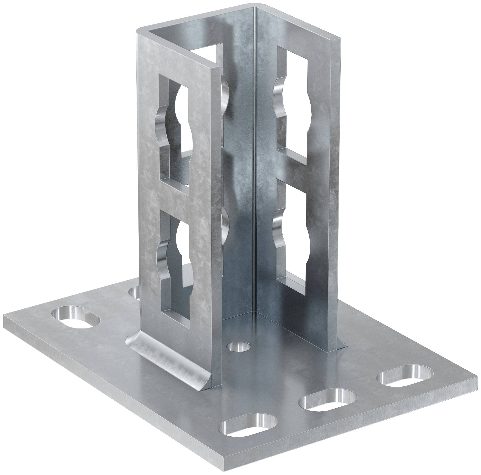 Metalen postvoetverbinder met geperforeerde verticale beugel gemonteerd op een rechthoekige stalen plaat met boutgaten, geïsoleerd op witte achtergrond