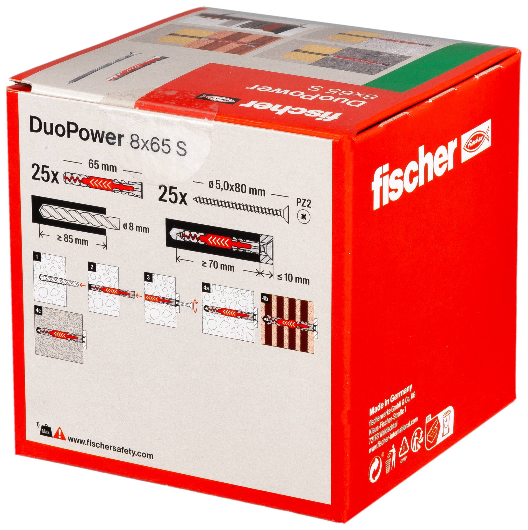 Red Fisher DuoPower 8x65 S wandstekker doos met installatiehandleidingen en specificaties voor 25 schroeven en 25 ankers.