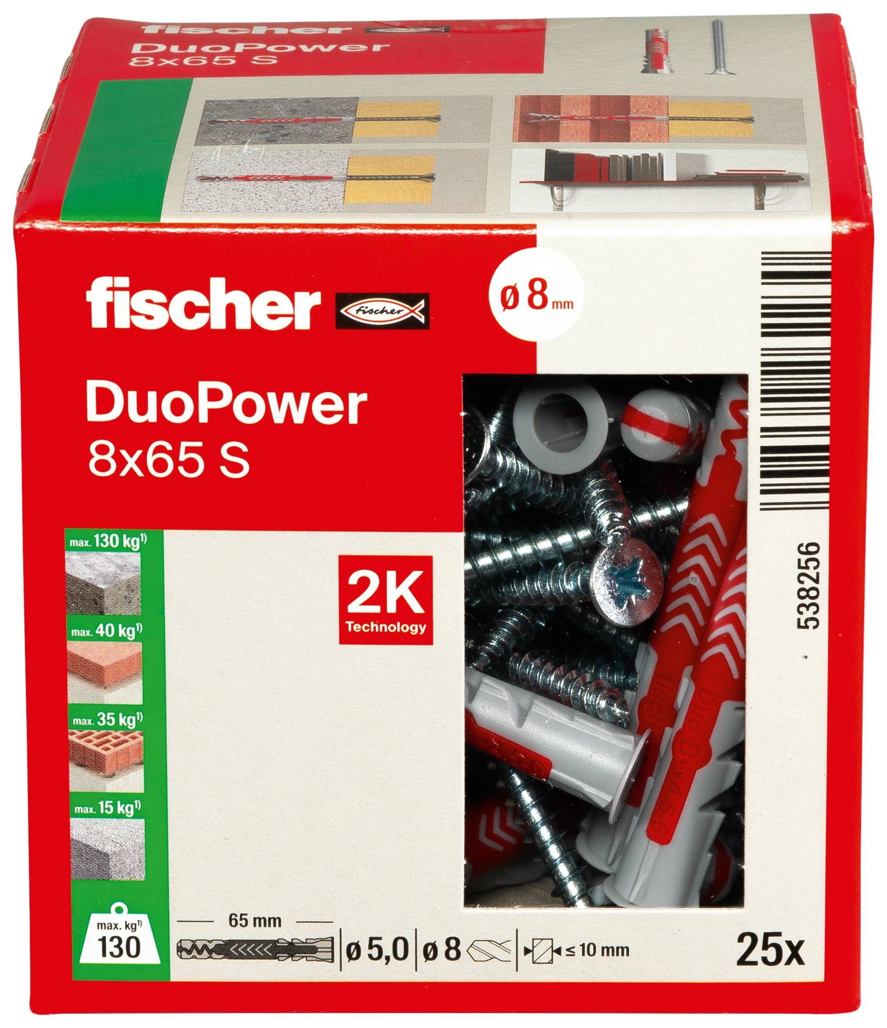 Pakket fischer DuoPower 8x65 S wandpluggen, inhoud zichtbaar door een helder venster; etiket geeft aan 8 mm, 25x en 2K Technology.