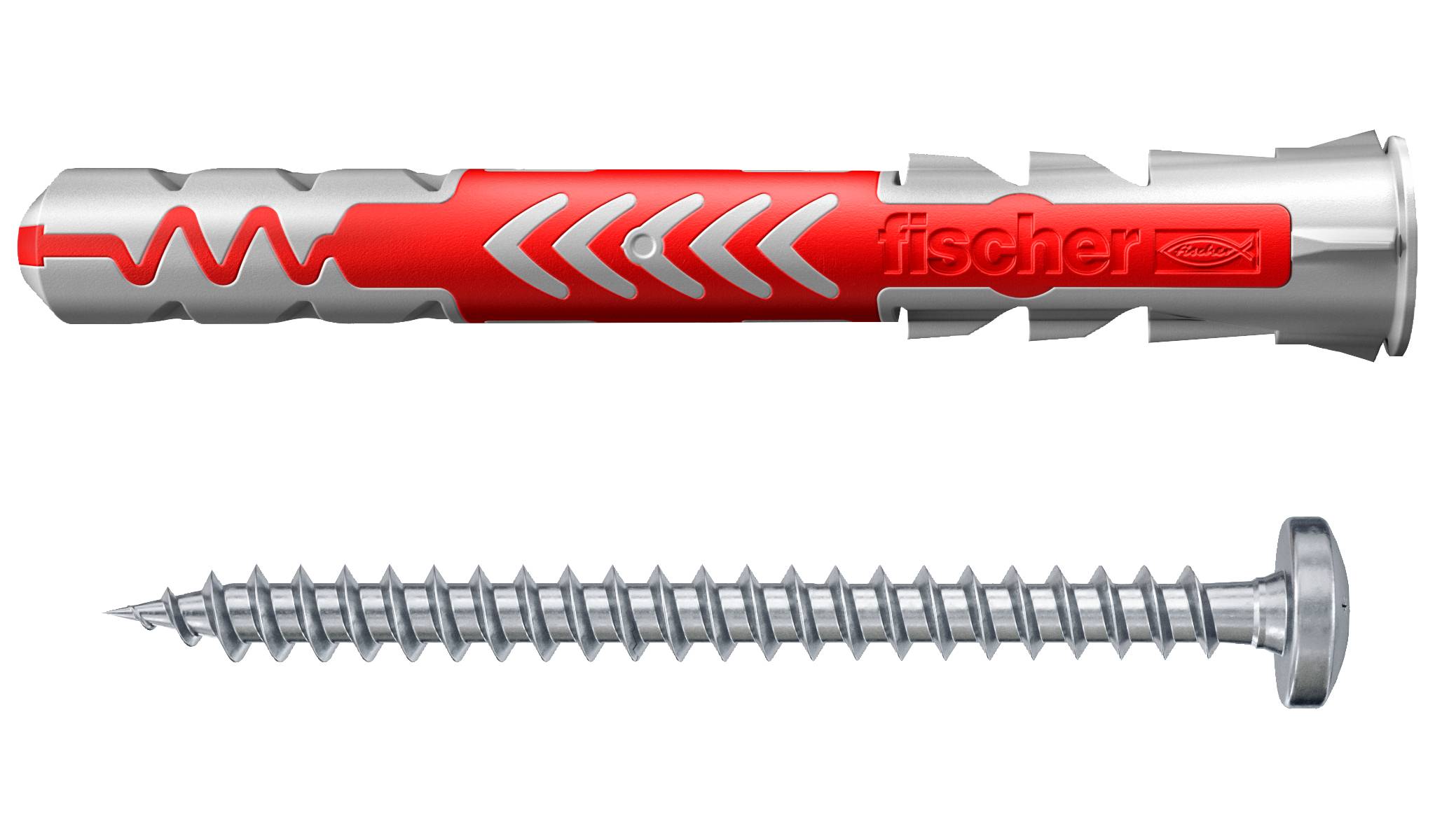 Illustratie van een rood-grijze Fischer wandplug boven een metalen schroef, met weergave van een schroef-en-anker bevestigingssysteem.