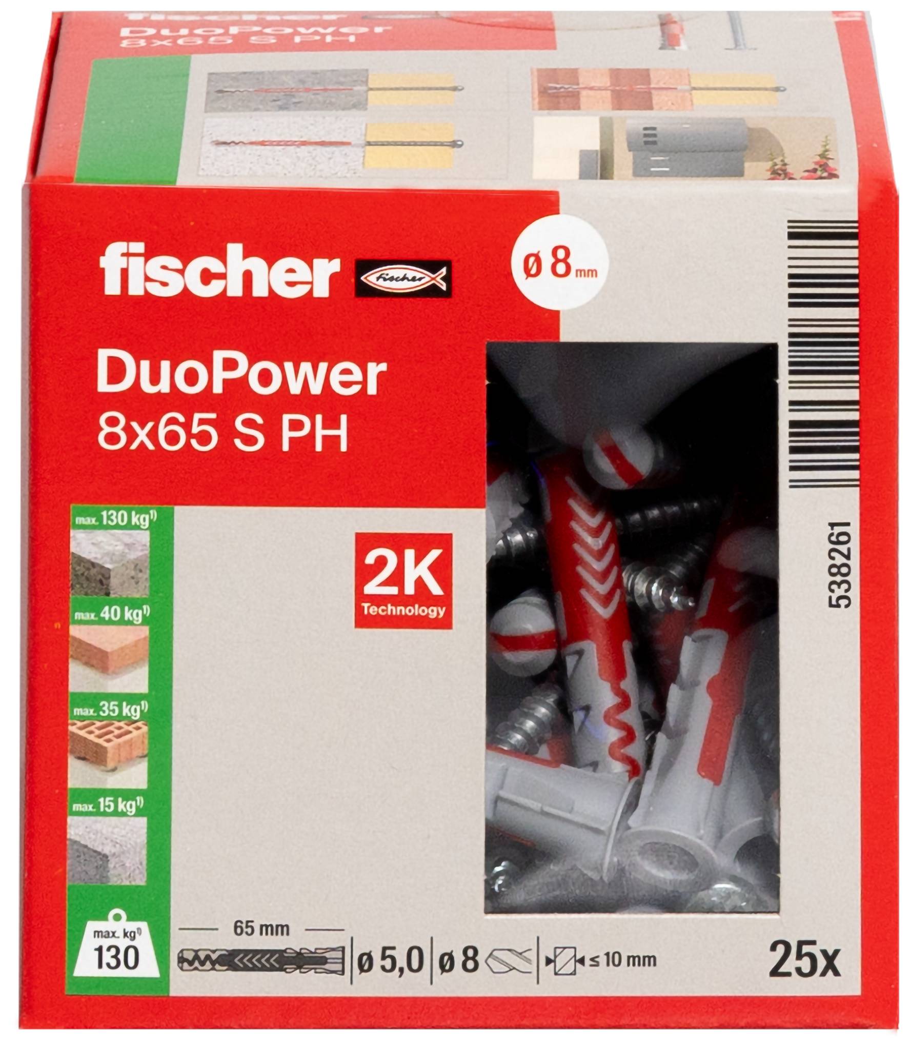 Pakket fischer DuoPower 8x65 S PH wandankers, 25 stuks, met 2K-technologie en 8 mm boordiameter weergegeven.