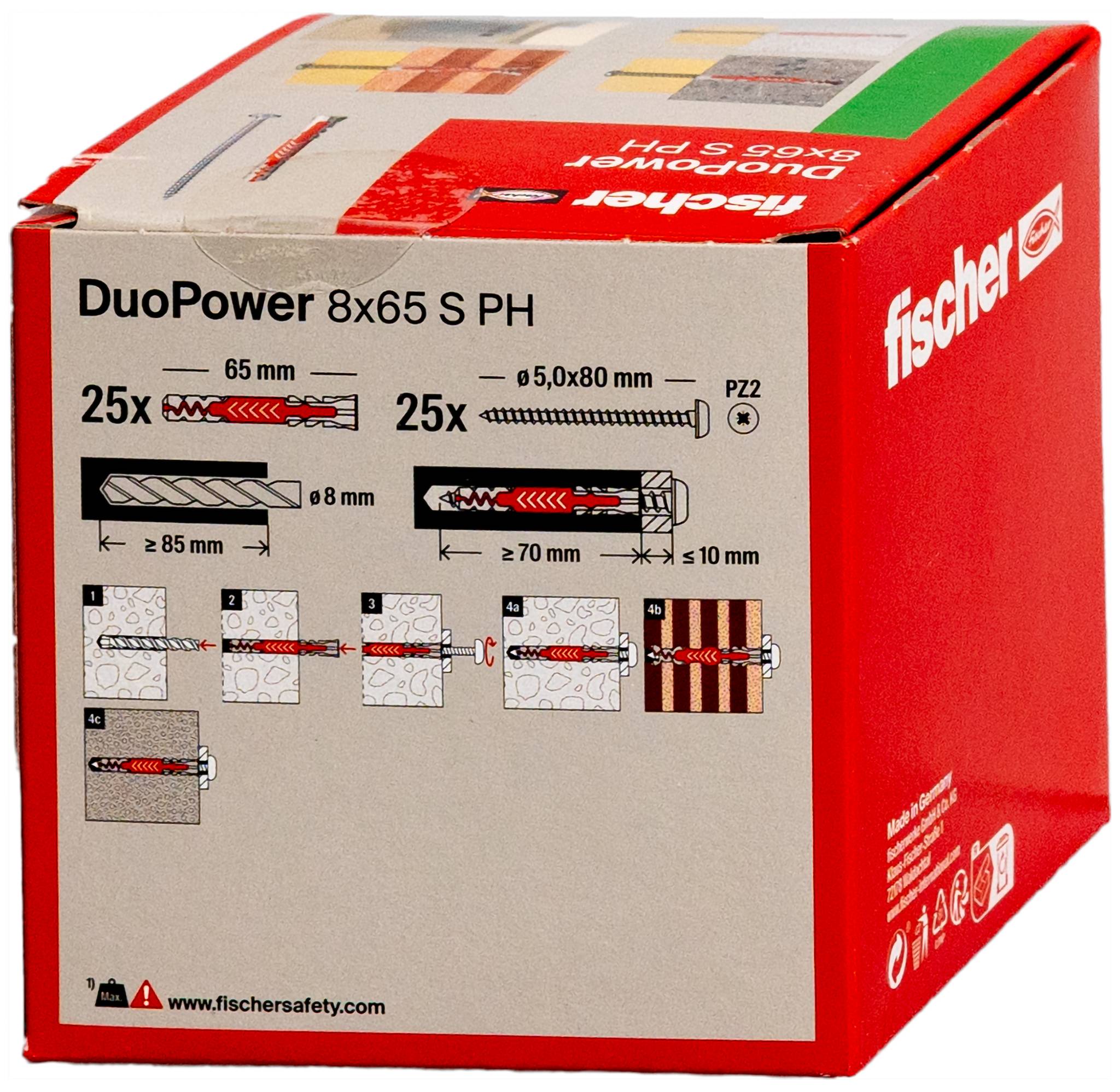 Doos met Fischer DuoPower 8x65 S PH wandpluggen, met 25 rode ankers en 25 schroeven met installatiehandleidingen en afmetingen.