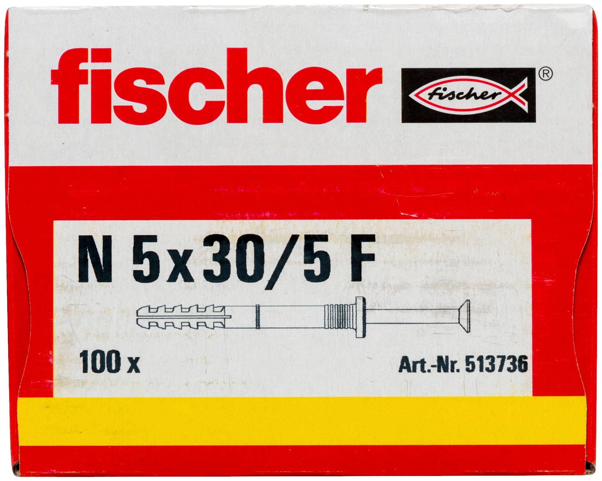 Verpakking voor Fischer N 5x30/5 F wandpluggen, met productafbeelding, inhoud 100 stuks, en artikelnummer 513736.