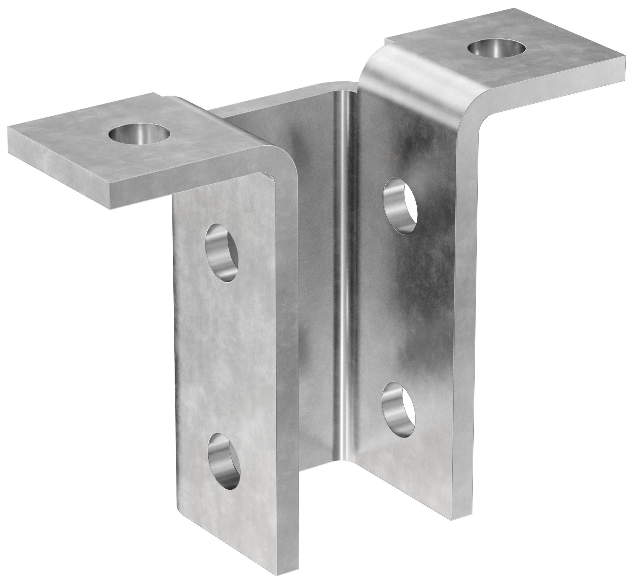 Metalen haakse beugel connector met vier boutgaten, weergegeven op een witte achtergrond.
