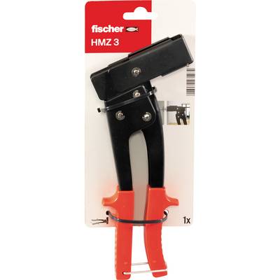 Verpakkingsafbeelding van een Fischer HMZ 3 handgereedschap met zwart-rode handgrepen, getoond op producterverpakking met het Fischer-logo en etiket met '1x' hoeveelheid.