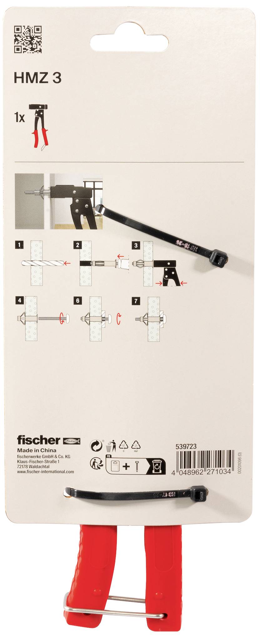 Een verpakking met instructies voor een HMZ 3 tang van Fischer, die stapsgewijze montagehandleidingen voor pluggen bevat.
