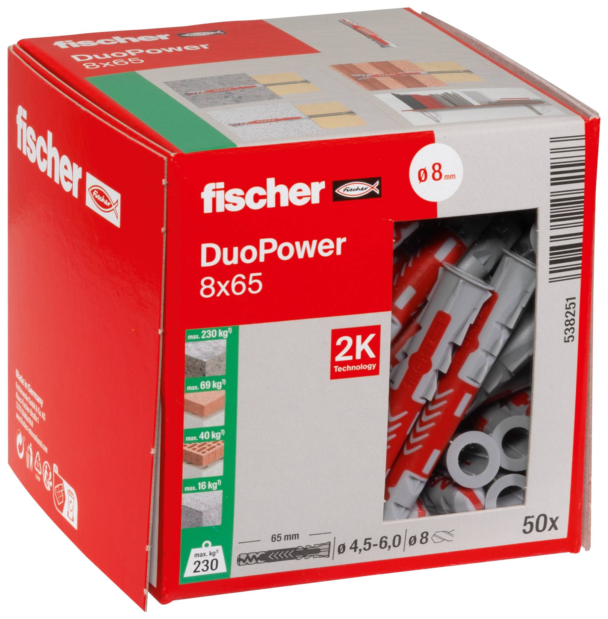Doos met Fischer DuoPower 8x65 muurpluggen, met rode en grijze ankers erin en verpakking gemarkeerd met '50x' en 'ø 8 mm'.