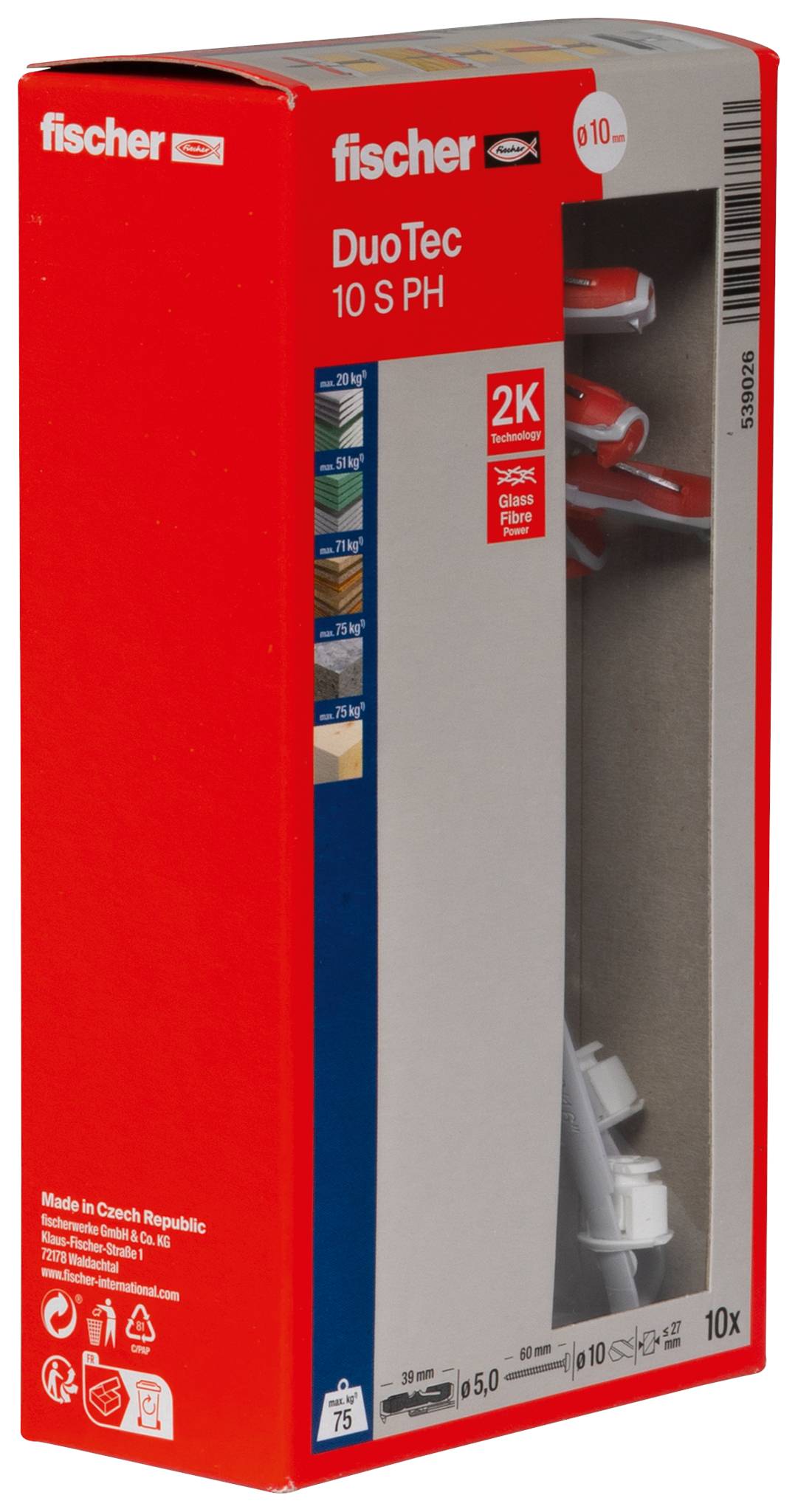 Red Fischer DuoTec 10 SPH 2K ankerbox, met hardware bevestigingsmiddelen in duidelijke verpakking.