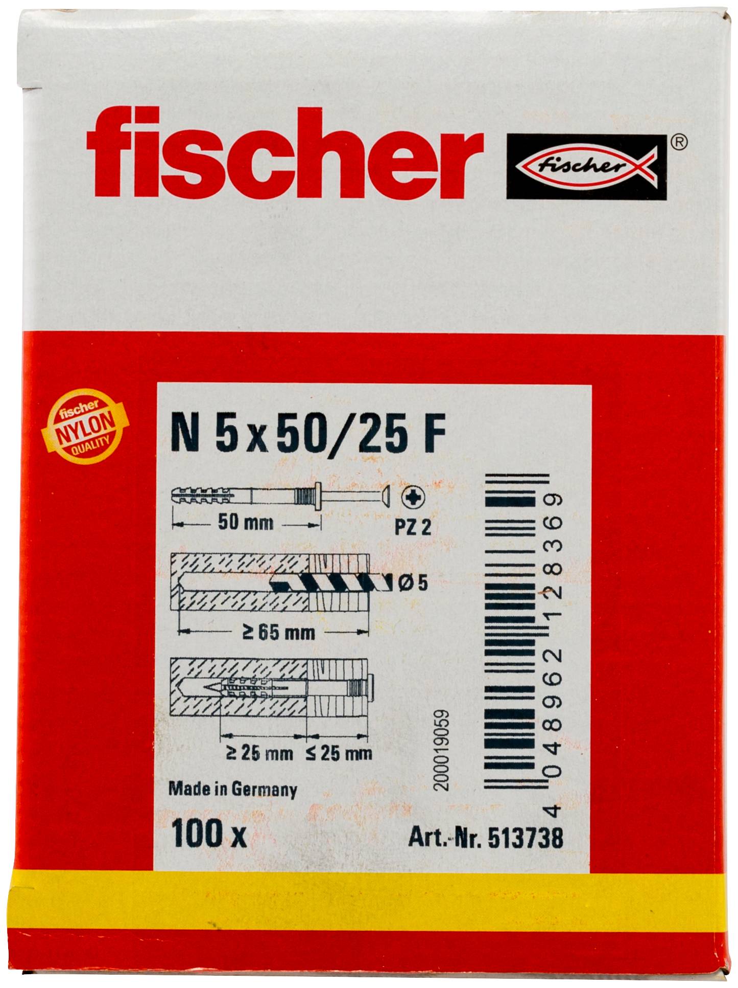 Pakket Fischer N 5 x 50/25 F nylon wandpluggen, met afmetingstekeningen, streepjescode, 100 stuks en artikelnummer 513738.