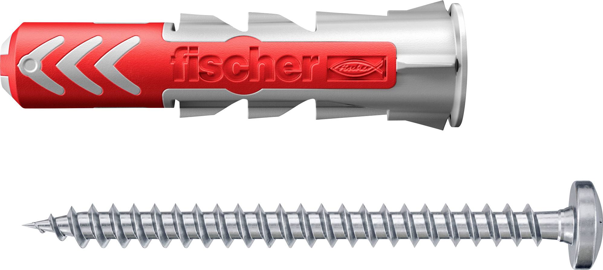 'Een rode en zilveren wandstekker met de tekst 'fischer' naast een zilveren schroef, die een bijpassende set toont voor het beveiligen van voorwerpen aan muren.'