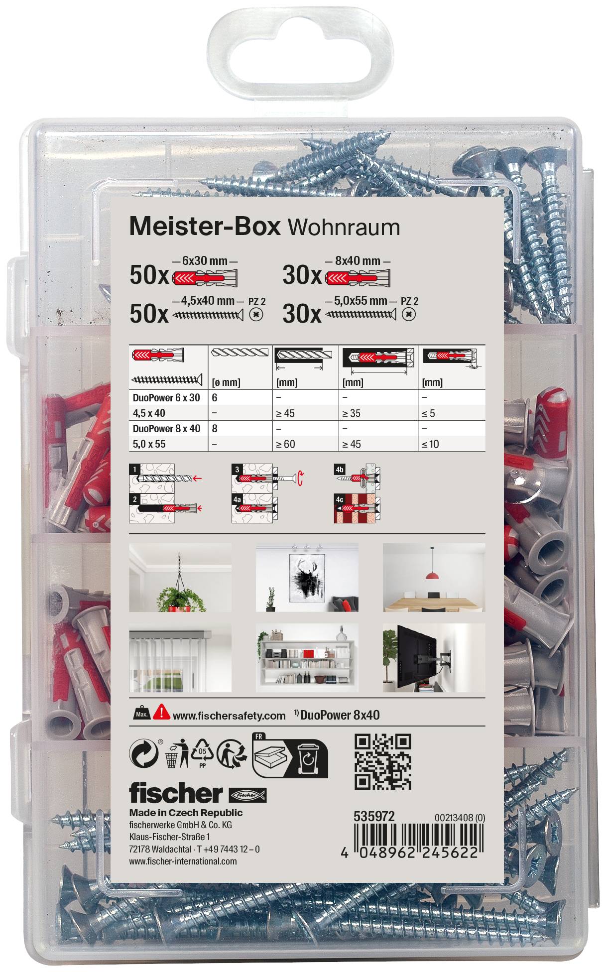 Kunststof hardwareset in doos gelabeld 'Meister-Box Wohnraum' met assortiment schroeven, pluggen en wandmontagebouten voor huisinstallatie projecten.