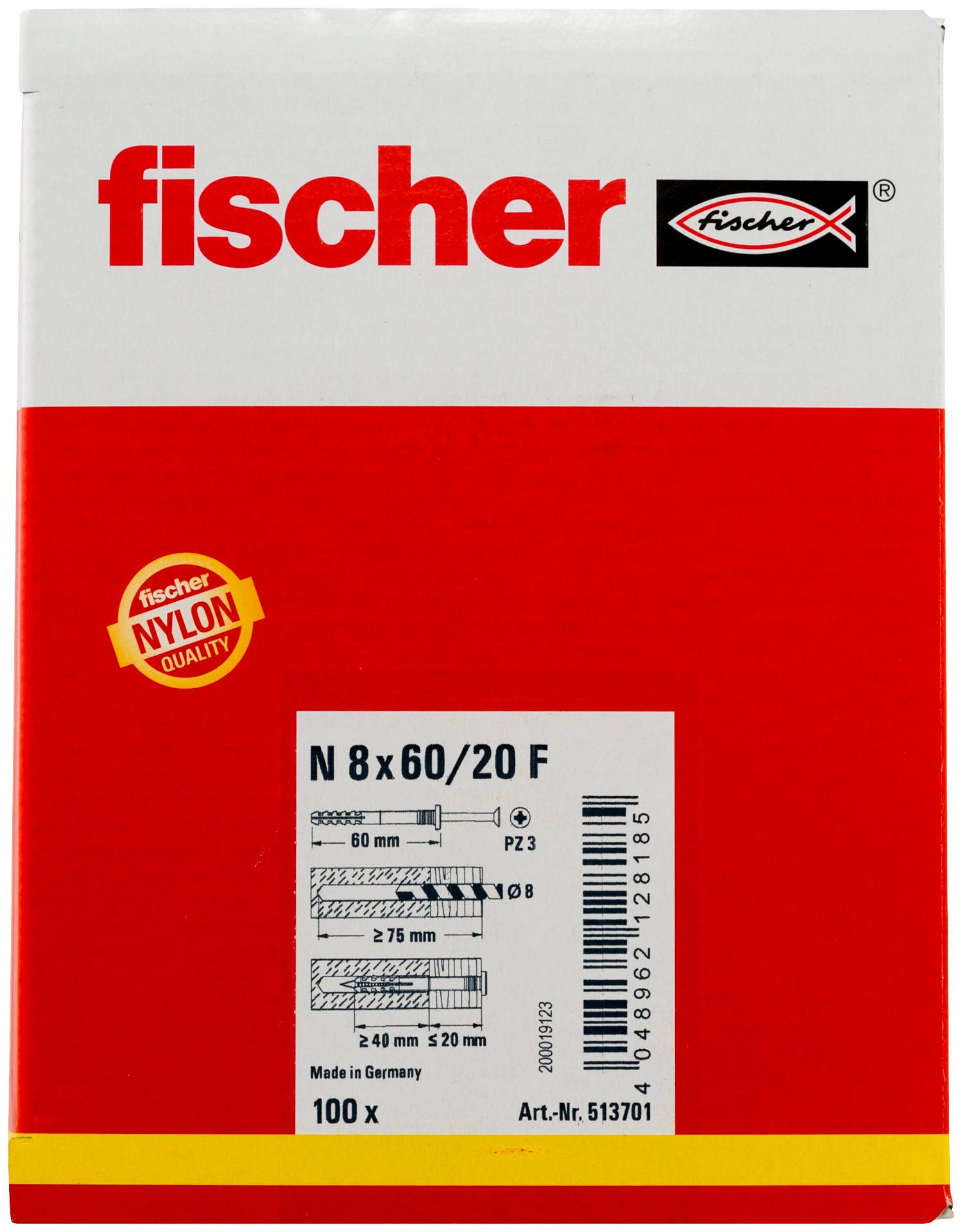 Fischer nylon anker verpakking met het label 'N 8 x 60/20 E,' met een productdiagram, maatgegevens, streepjescode en hoeveelheid '100 x'.