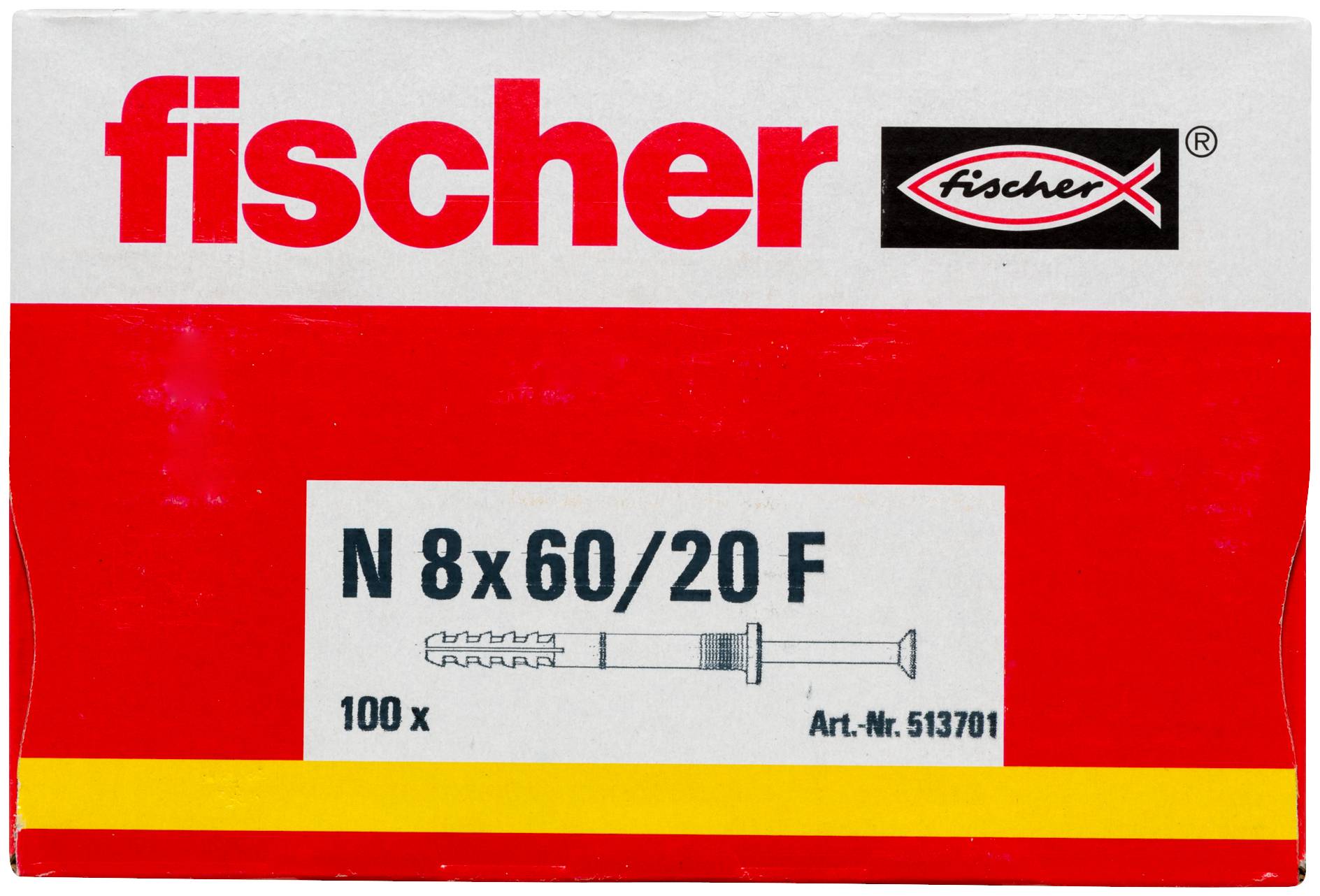 Doos Fischer wandankers gelabeld 'N 8x60/20 F', 100 stuks, met rood-wit verpakking en productdiagram.