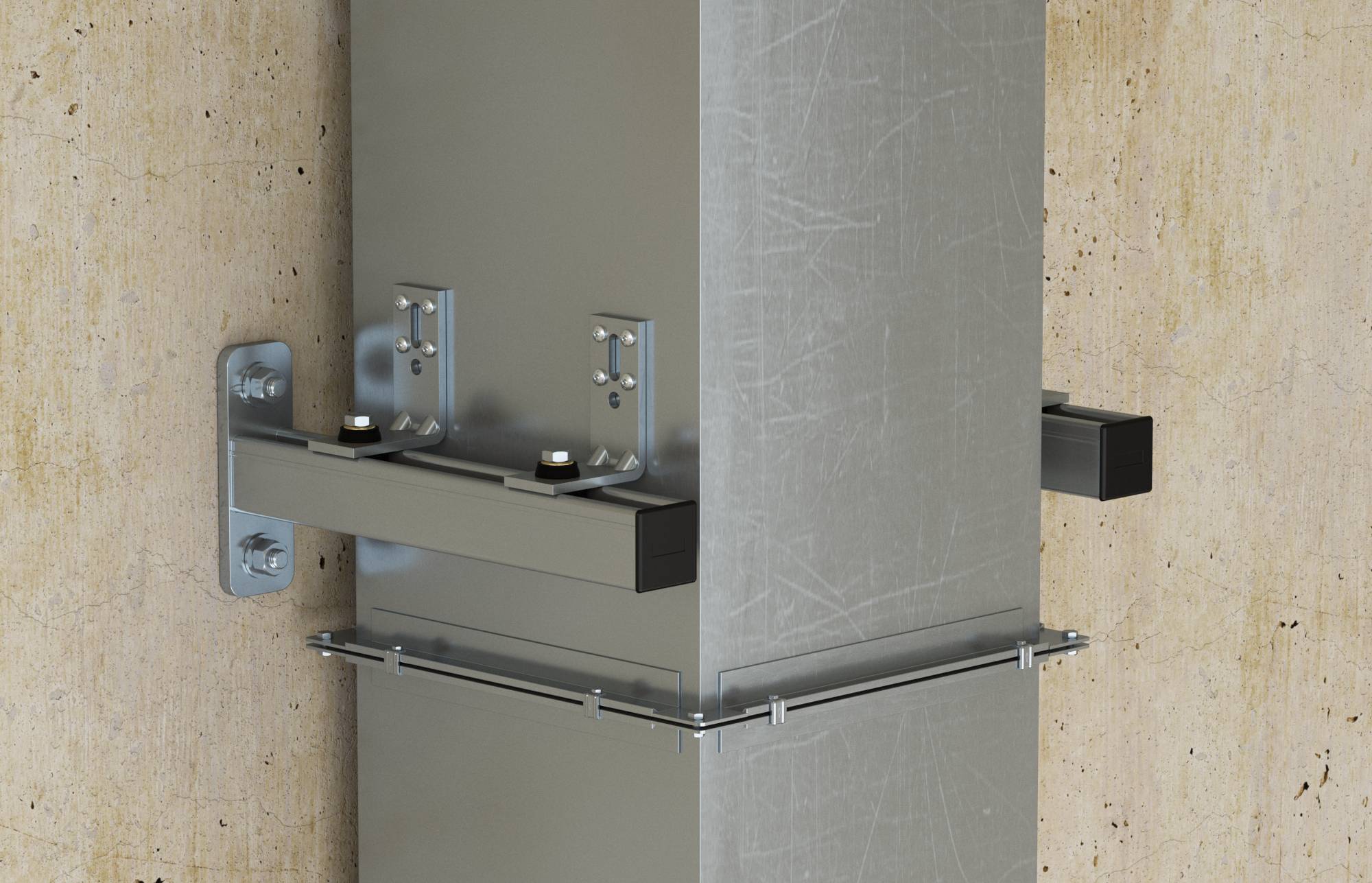 Close-up van een metalen structurele beugel die een rechthoekige stalen kolom aan een betonnen muur bevestigt, met zichtbare bouten en steunhardware.