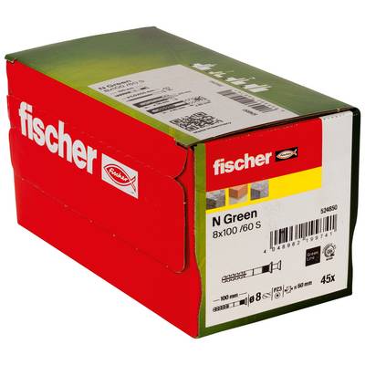 Fischer N Green doos met 45 ankers, gelabeld 8x100/60 S, weergegeven in rood en groen verpakking.