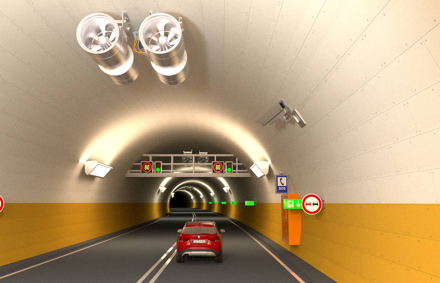 Rode auto die door een verlichte wegtunnel rijdt met rijbaancontroletekens en noodmarkeringen op de rechtermuur.