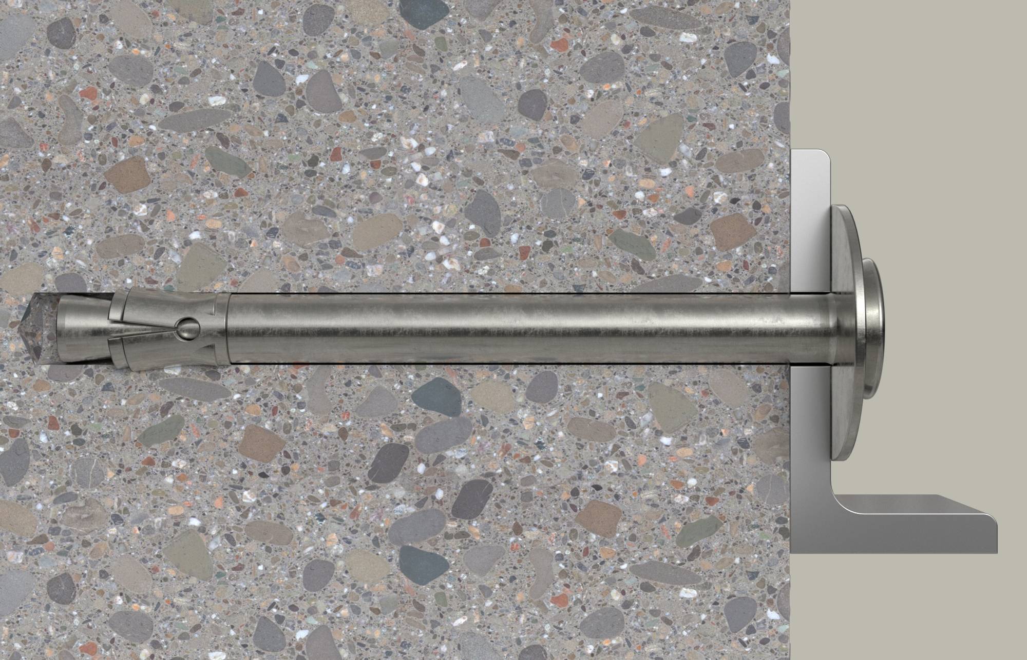 Dwarsdoorsnede van een metalen ankerbout ingebed in beton, met het schroefdraad uiteinde en onderlegring zichtbaar aan de rechterkant.