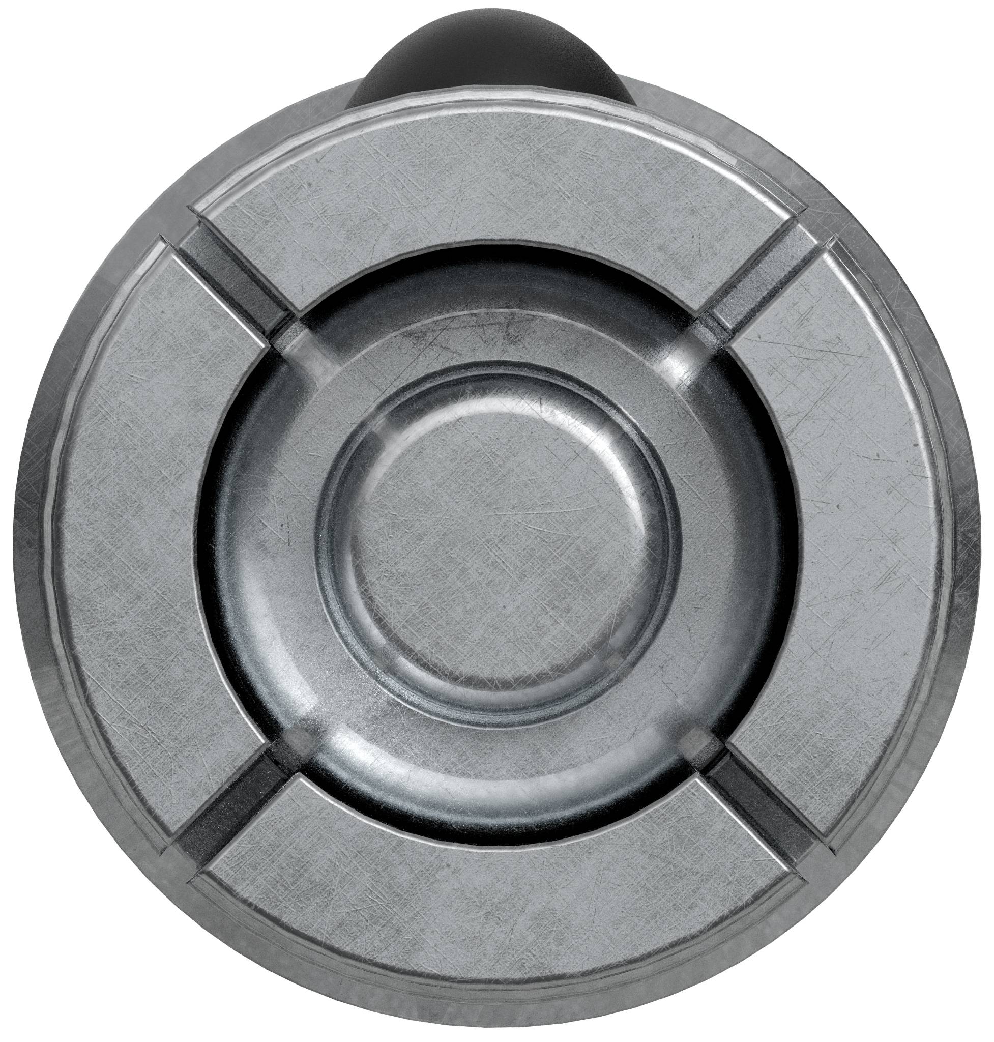 Bovenaanzicht van een rond metalen industrieel onderdeel of klepachtig deksel met een centrale koepel op een witte achtergrond.