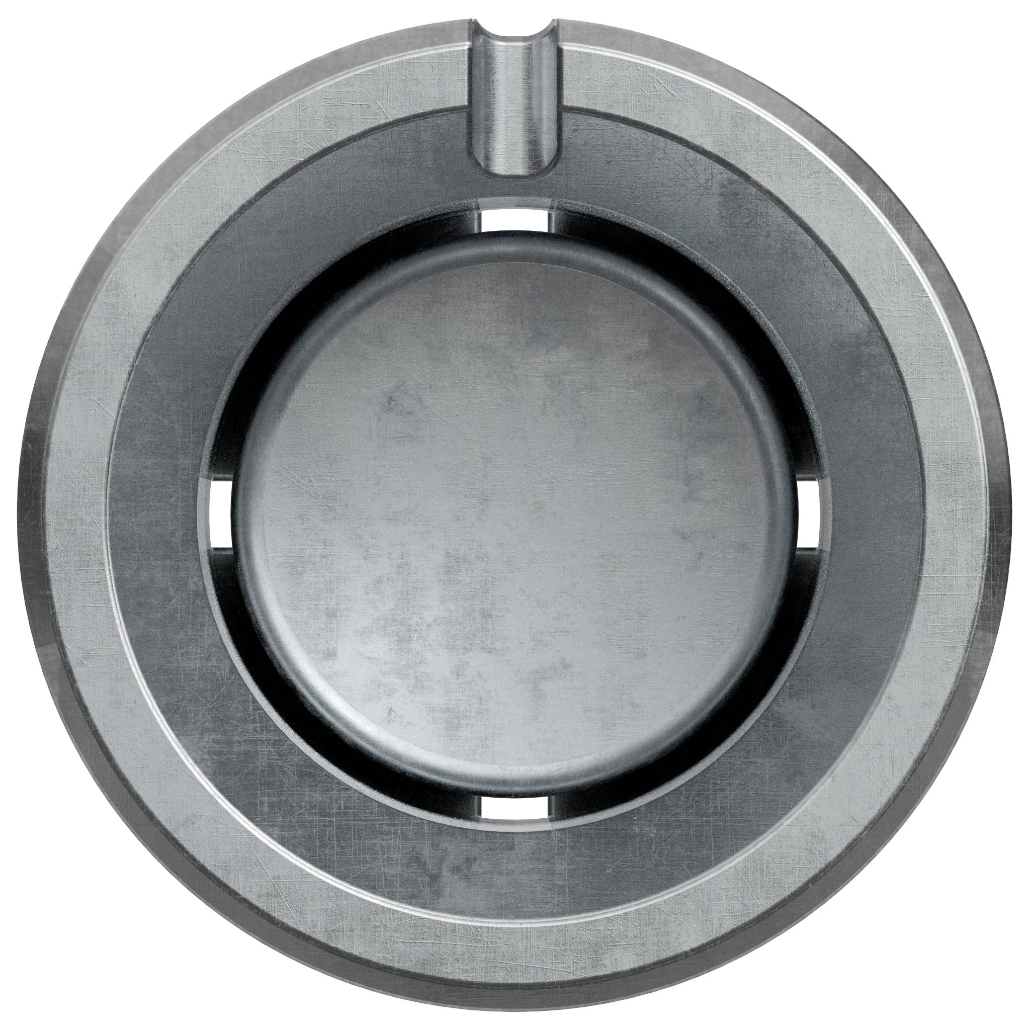 Close-up van een cirkelvormig metalen mechanisch ventiel of lager met een centrale schijf en buitenring op een witte achtergrond.