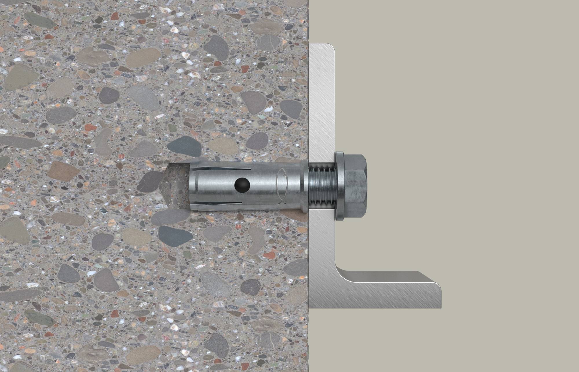 Dwarsdoorsnede van een muuraankerpunt vastgemaakt in beton, met een draadmof en moer die een metalen beugel tegen de muur aanspannen.