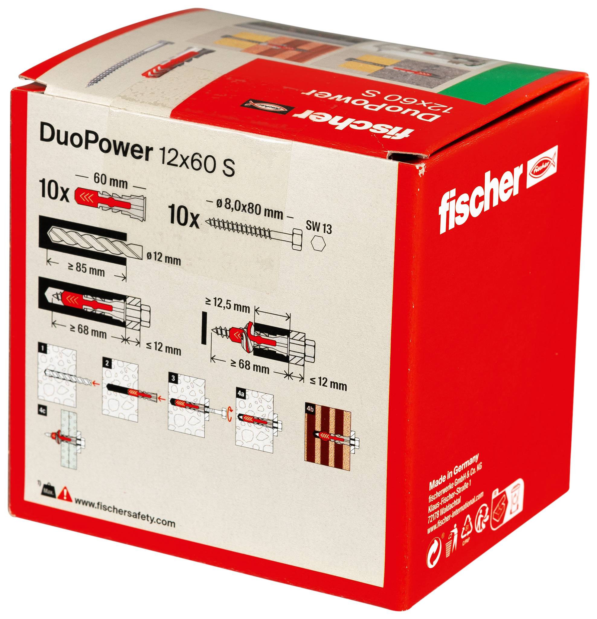 Rood en wit Fischer DuoPower 12x60 S wandplug pakket met installatieschema's en productspecificaties op de verpakking.