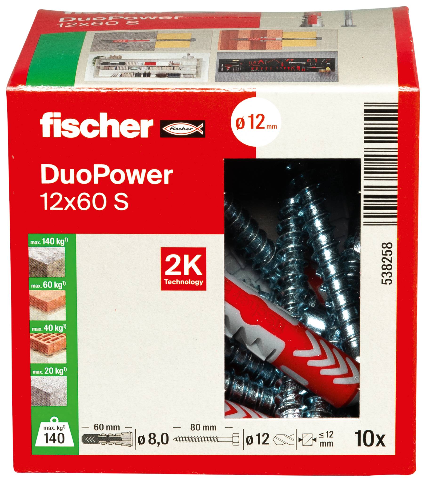 Fischer DuoPower 12x60 S wandplug verpakking met rode anker, 10 stuks, voor boorgaten van 8-12 mm en tot 140 kg belasting.