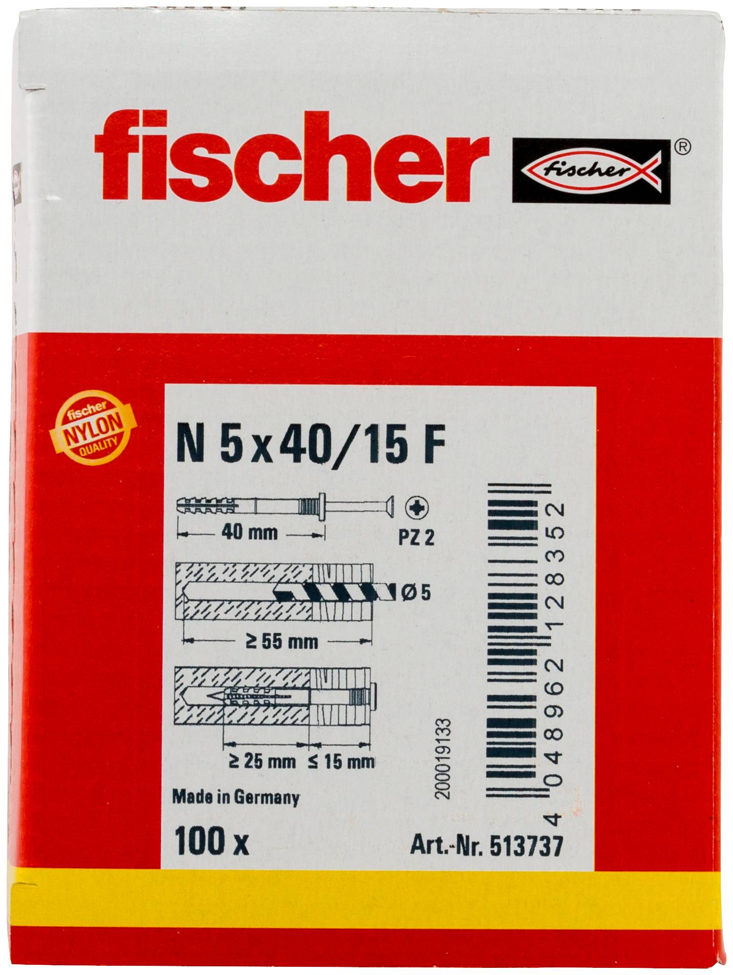 Verpakking van Fischer nylon wandpluggen geëtiketteerd 'N 5x40/15 F', 100 stuks, met installatiehandleiding en streepjescode.