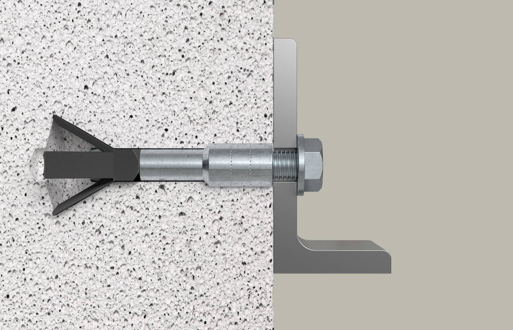 Wandankerboute met uitzettende mof beveiligd door een betonwand in een metalen beugel, weergegeven in dwarsdoorsnede.
