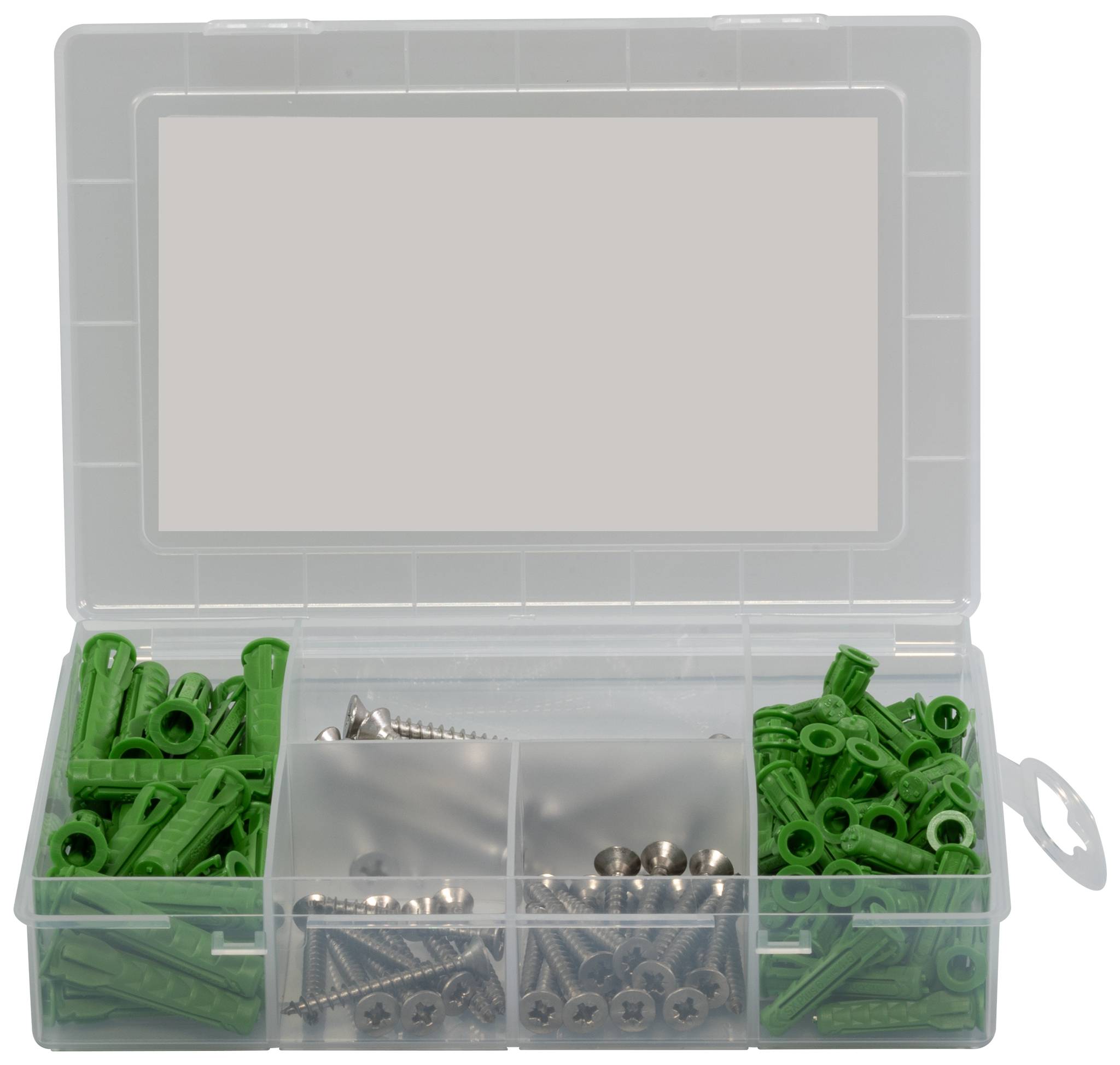 Open plastic organizer case met assortiment groene wandankers en zilveren schroeven gesorteerd in compartimenten.