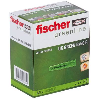 Doos met Fischer greenline UX GREEN 6x50 R wandpluggen, met groene 6 mm ankers en verpakkingshoeveelheid '40 x'.
