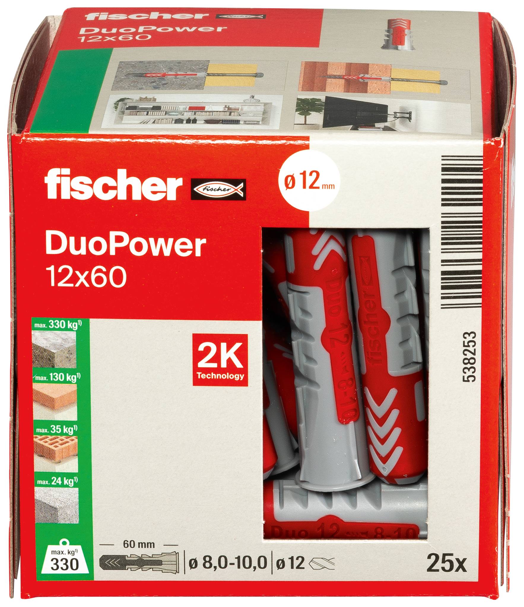 Verpakking voor fischer DuoPower 12x60 wandpluggen, met rode-en-grijze ankers, 12 mm boorgat, 25 stuks, en draagvermogen tot 330 kg.