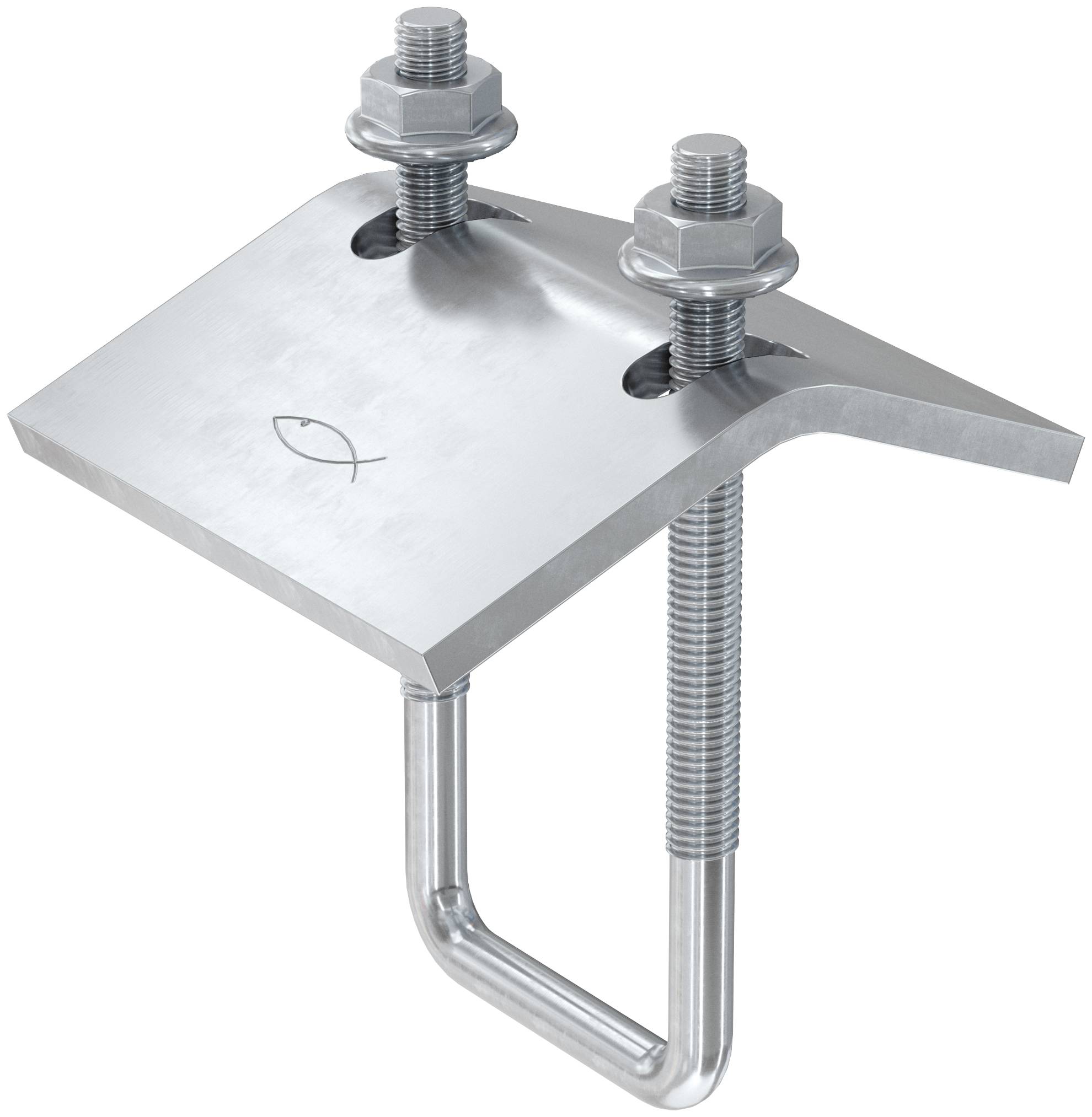 Metalen dakklamp met twee bouten die een sleufplaat aan een U-vormige montagebeugel vastzetten.