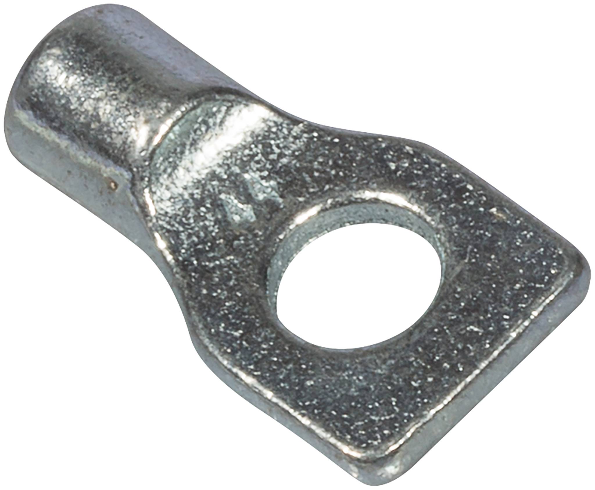 Metalen ringklem aansluitstuk met een cilindrische krimpkant en een platte oogvormige opening voor het bevestigen van een draad aan een schroef of bout.