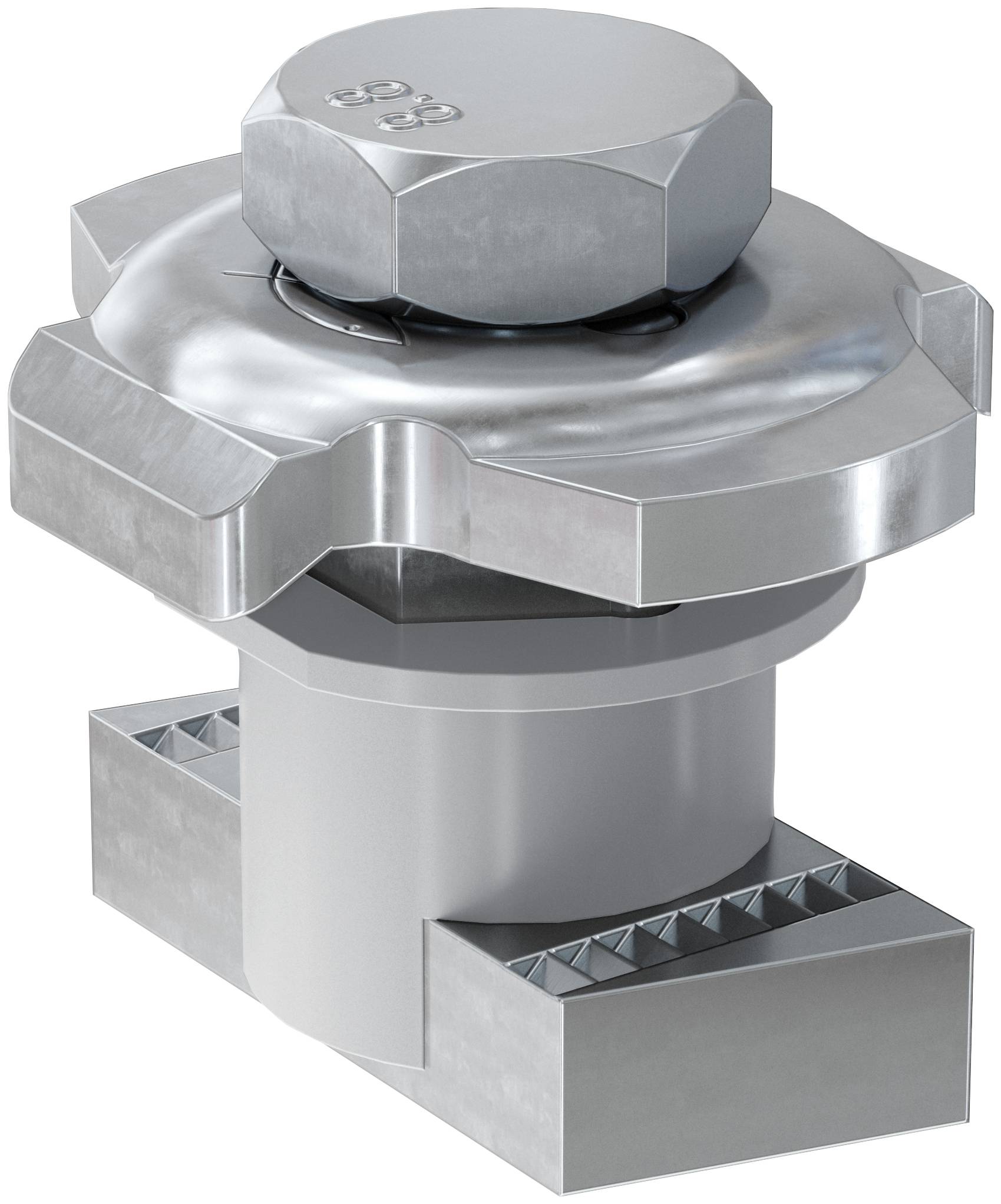 3D-weergave van een metallische industriële bout of verbindingsstuk met een groot zeshoekig moertje bovenop, geïsoleerd op een witte achtergrond.