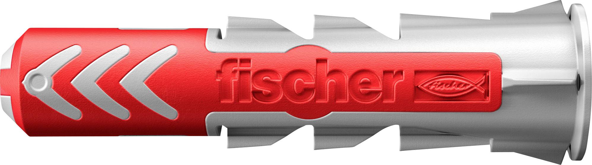 Een rood en zilveren wandstekker met het woord 'fischer' erin gegraveerd, met een gestructureerd ontwerp voor veilige wandmontage.