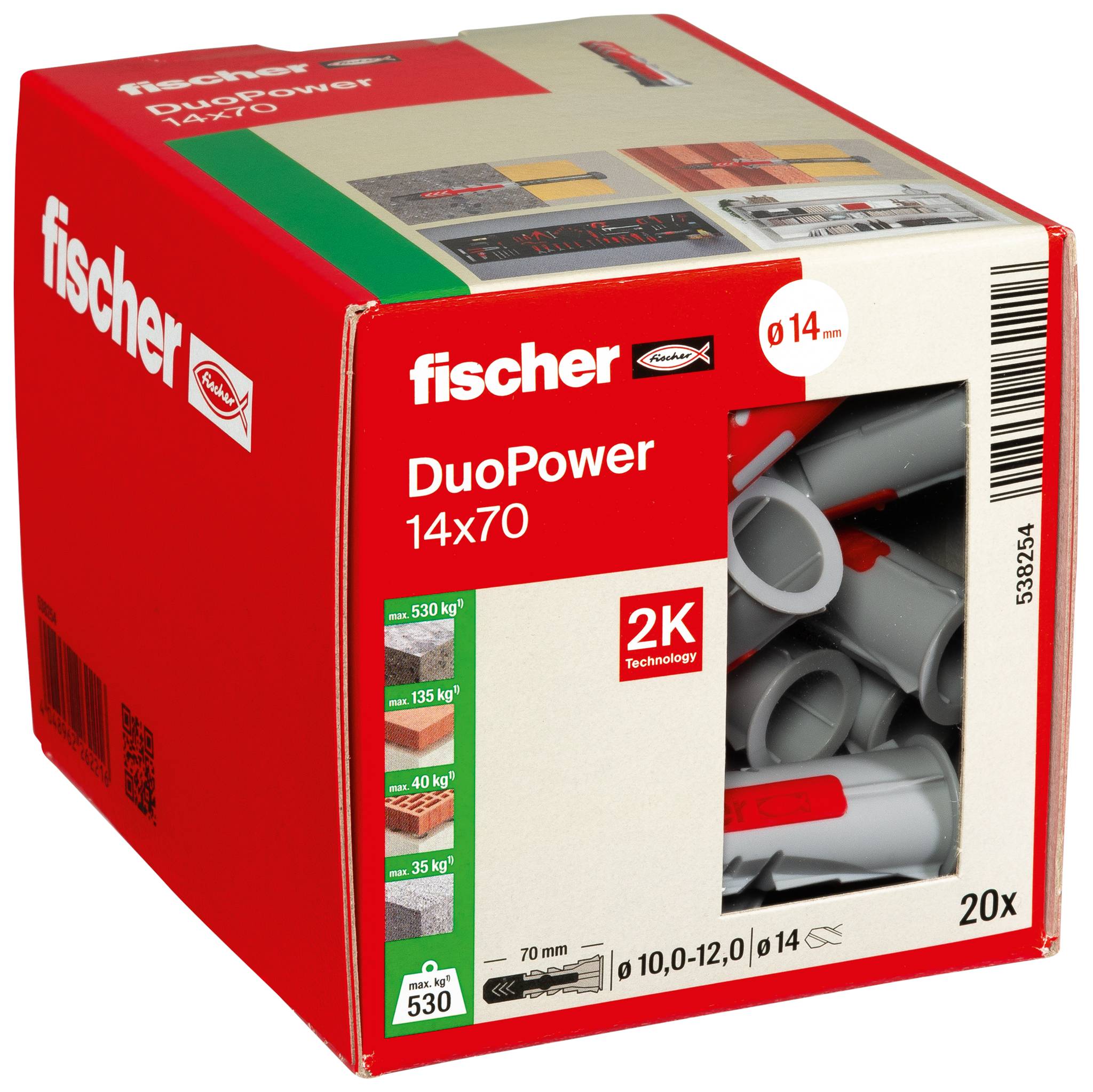Fischer DuoPower 14x70 wandmontagepack, rood-witte doos met grijze ankers zichtbaar door een uitsparing, gelabeld 20x en 2K Technology.