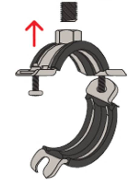 Een pijpklem met een schroefdraad vastdraaimechanisme, weergegeven met een rode pijl die een opwaartse beweging aangeeft, wat de assemblagerichting suggereert.