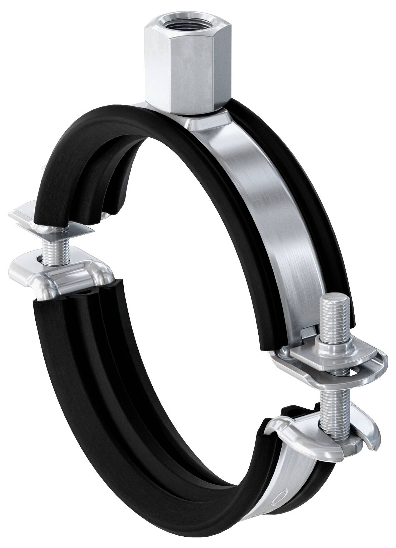 Een metalen pijpklem met een zwarte rubberen bekleding, een zeskantige bout bovenop voor het bevestigen van pijpen, en extra bouten aan de zijkanten voor stabiliteit.