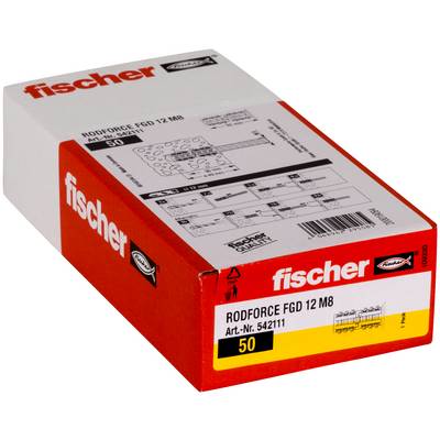 Een Fischer-merkdoos met Rodforce FGD 12 M8 bevestigingsmiddelen, gelabeld met 50 stuks, weergegeven in productverpakking op een witte achtergrond.