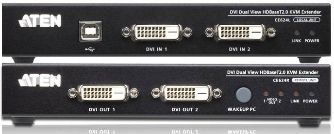 Twee zwarte KVM-extenders met DVI-aansluitingen, USB-poorten en LED-indicatoren voor Link en Power. Modelnummers CE624L en CE624R zichtbaar.