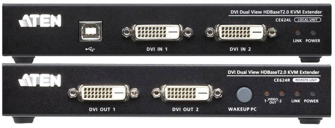 'ATEN Dual View HDBaseT 2.0 KVM Extender', twee eenheden met DVI- en USB-aansluitingen, LED-indicatoren voor Link en Power.