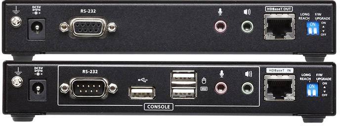 Twee zwarte elektronische apparaten met meerdere aansluitingen, waaronder RS-232, USB, Audio en Ethernet, voorzien van het opschrift 'CONSOLE'.