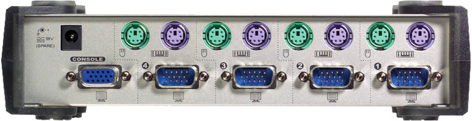 'Achterkant van een KVM-switch met vier VGA- en vier PS/2-aansluitingen. Stroomaansluiting links, nummering onder de VGA-aansluitingen.'