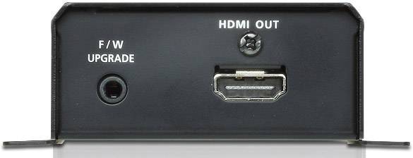 Achterkant van een apparaat met HDMI-uitgang en F/W-upgradepoorta.
