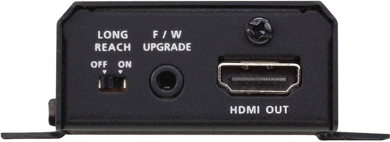 Een zwart elektronisch apparaat met een HDMI-uitgang, een F/W-upgrade-aansluiting en een schakelaar voor 'Long Reach' aan of uit.