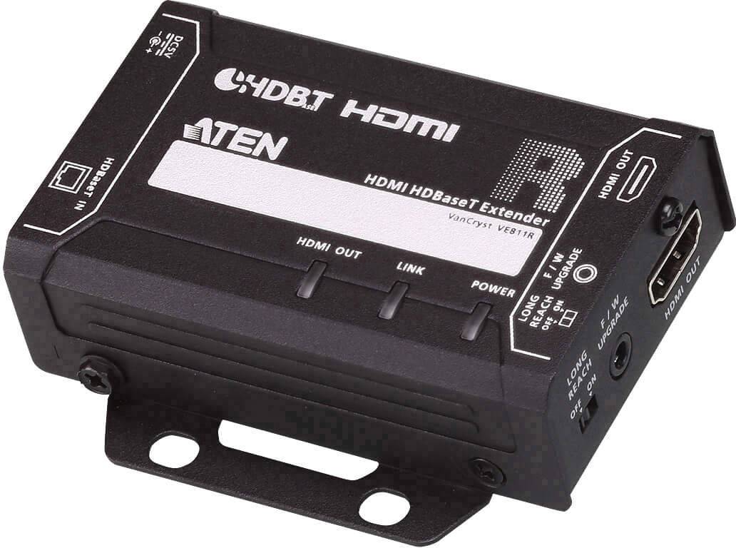 Een zwarte HDMI HDBaseT-extender met aansluitingen en labels voor HDMI-ingang, HDMI-uitgang, Link en voeding.