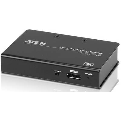 '4-Poorts DisplayPort Splitter', zwart, toont aansluitingen en knoppen aan de voorkant. Merknaam en '4K' symbool linksboven.