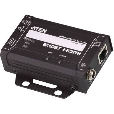 Een HDMI HDBaseT Extender van ATEN met aansluitingen voor HDMI en netwerk. Apparaat toont status-LED's en heeft een metalen bevestigingsbeugel.